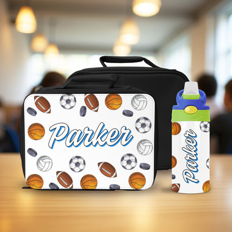 Personalized lunch box and water bottle set for boys with custom name, school accessory for kids, back-to-school gift idea.