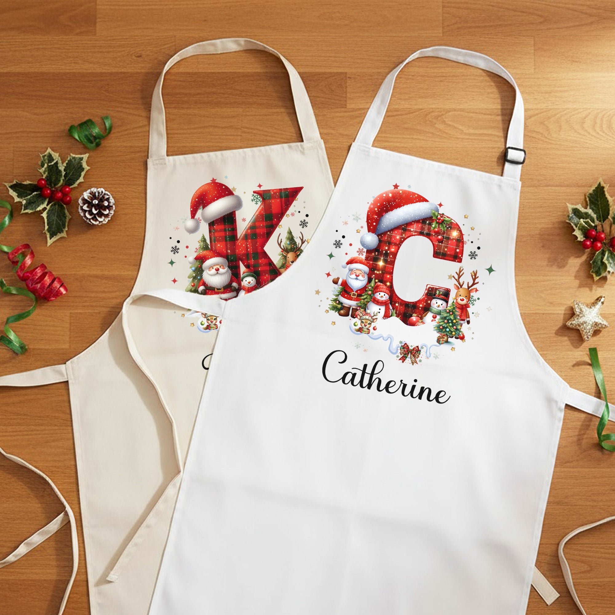 Red and Black Plaid Initial Personalized Matching Christmas Aprons for Adults and Kids