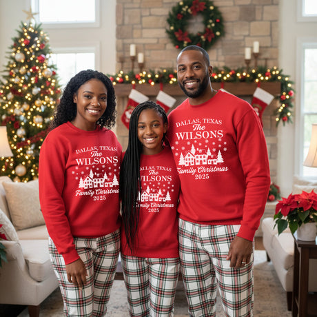 Holiday Town Personalized Family Christmas Shirts with Name and Location