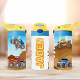 Personalized monster truck water bottle for kids with flip top lid perfect for back to school gifts and everyday use.