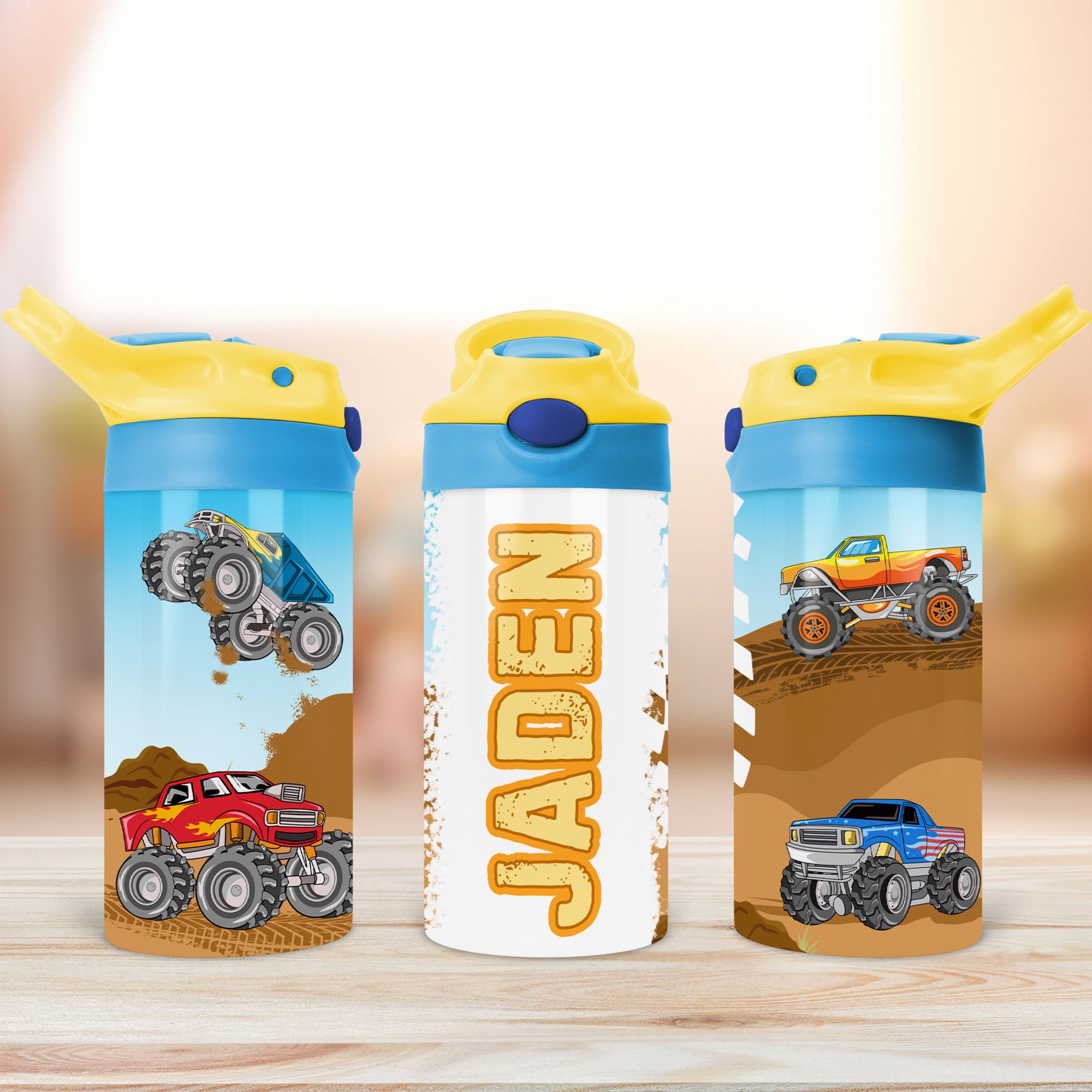 Personalized monster truck water bottle for kids with flip top lid perfect for back to school gifts and everyday use.