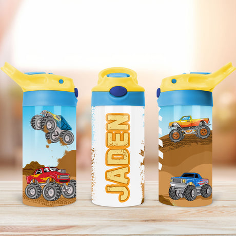 Personalized monster truck water bottle for kids with flip top lid perfect for back to school gifts and everyday use.