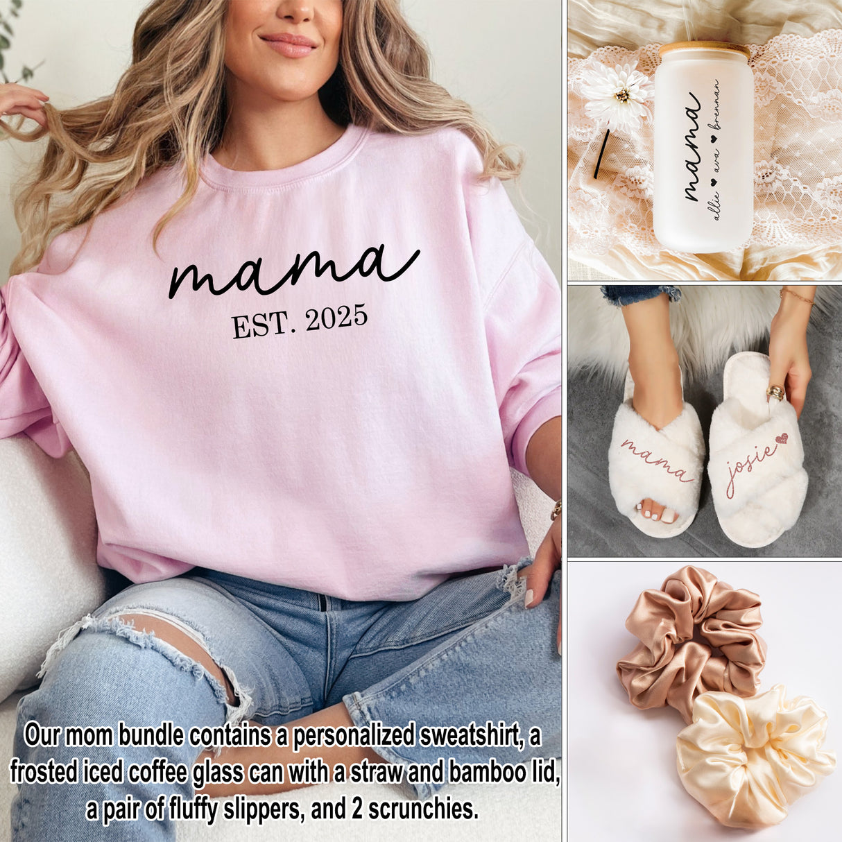 Complete mom gift set for birthday gifts for mom, Christmas gift for mom, or mothers day gift baskets. Includes 
A Personalized mama sweatshirt, soft slippers, iced coffee tumbler, and scrunchies perfect birthday gift for her. 