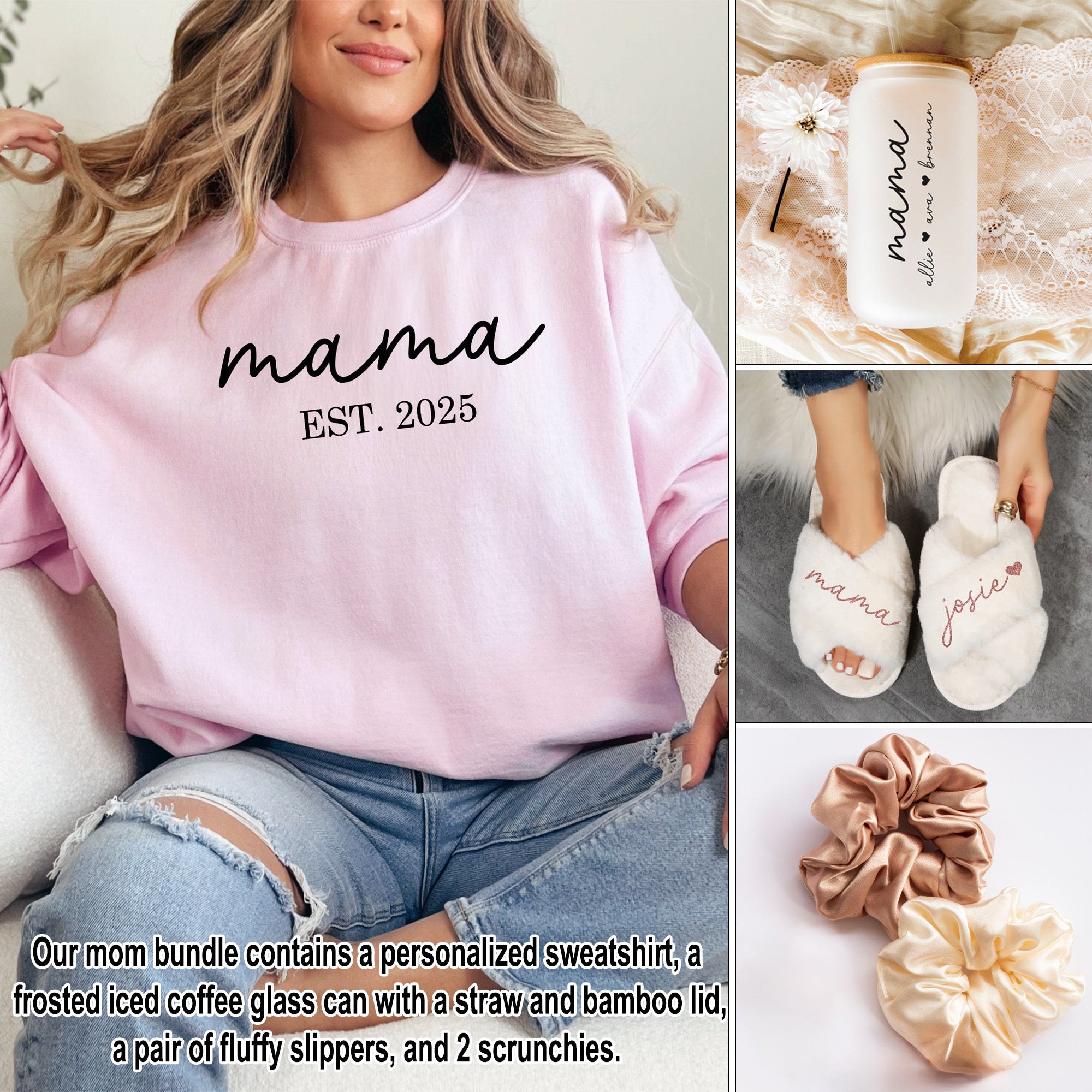 Complete mom gift set for birthday gifts for mom, Christmas gift for mom, or mothers day gift baskets. Includes 
A Personalized mama sweatshirt, soft slippers, iced coffee tumbler, and scrunchies perfect birthday gift for her. 