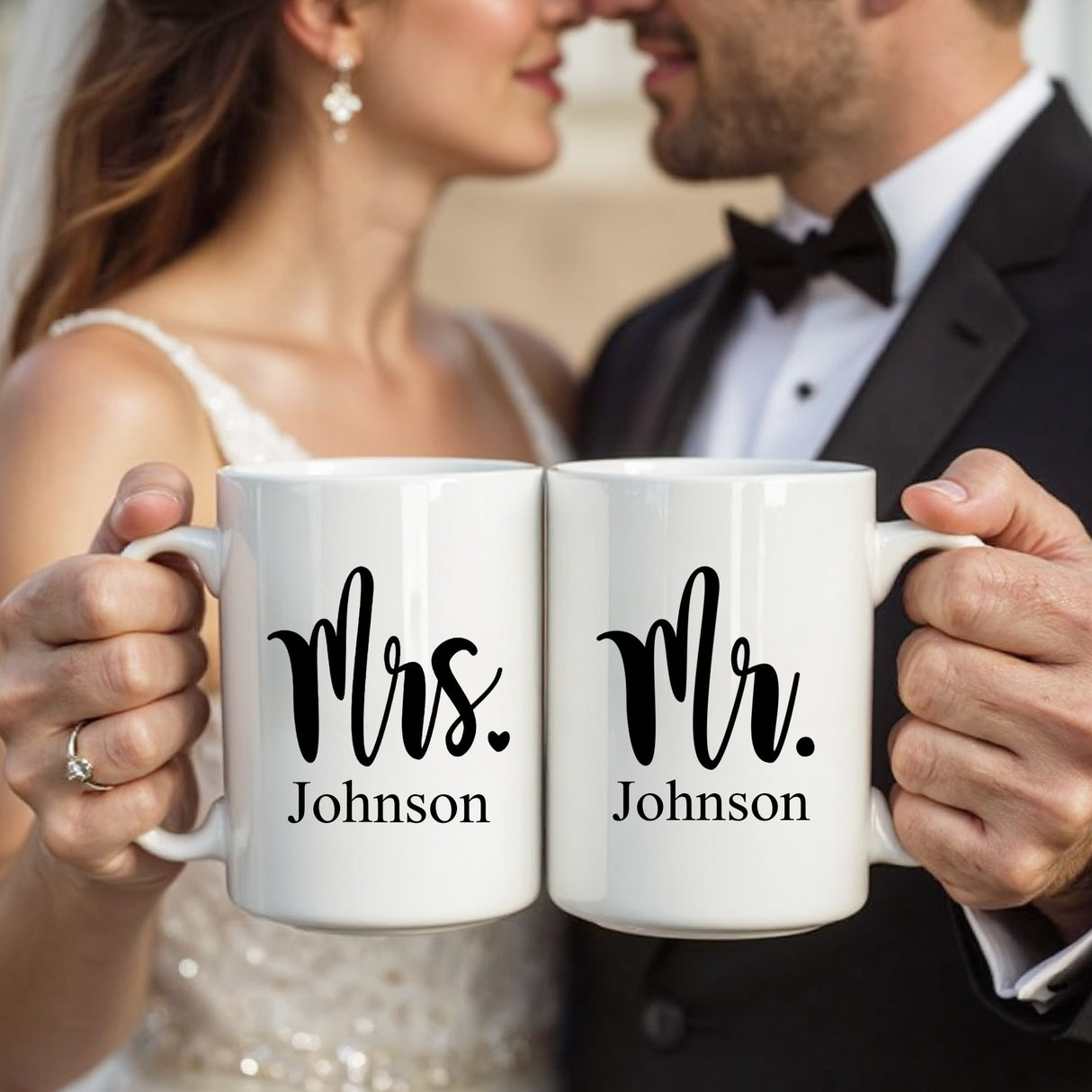 Personalized couples coffee mugs with Mr and Mrs design, ideal for bridal shower or engagement gift ideas.