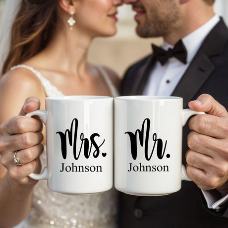 Personalized couples coffee mugs with Mr and Mrs design, ideal for bridal shower or engagement gift ideas.