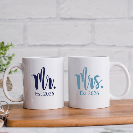 Personalized mug set for couples. Matching Mr and Mrs mug gift ideas.