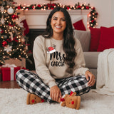 Mr and Mrs Santa Hat Personalized Matching Couples Christmas Pajama Set with Black Plaid Pants