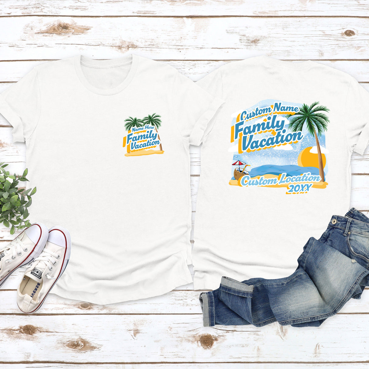 Personalized family travel shirts for beach vacations, summer reunions, and family photos with custom name. 
