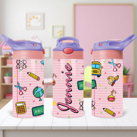 Back to school personalized water bottle for boys and girls with custom name for easy identification at school.