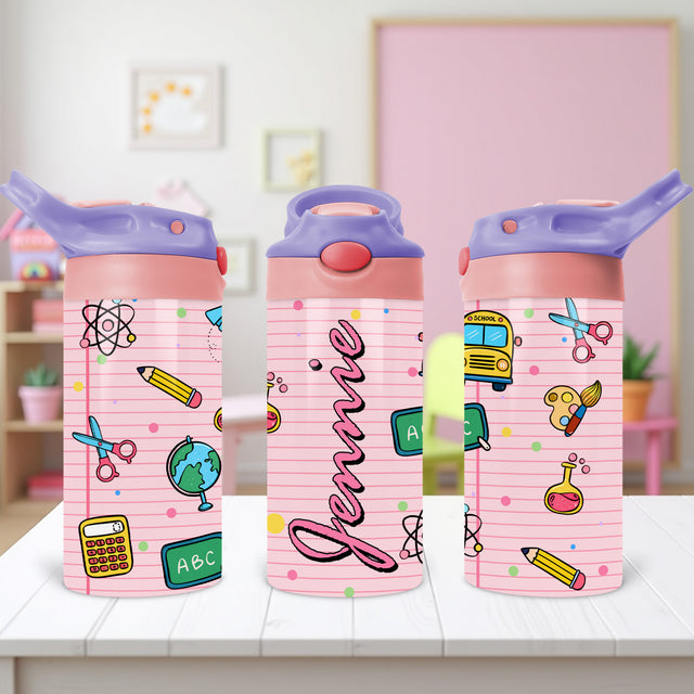 Back to school personalized water bottle for boys and girls with custom name for easy identification at school.