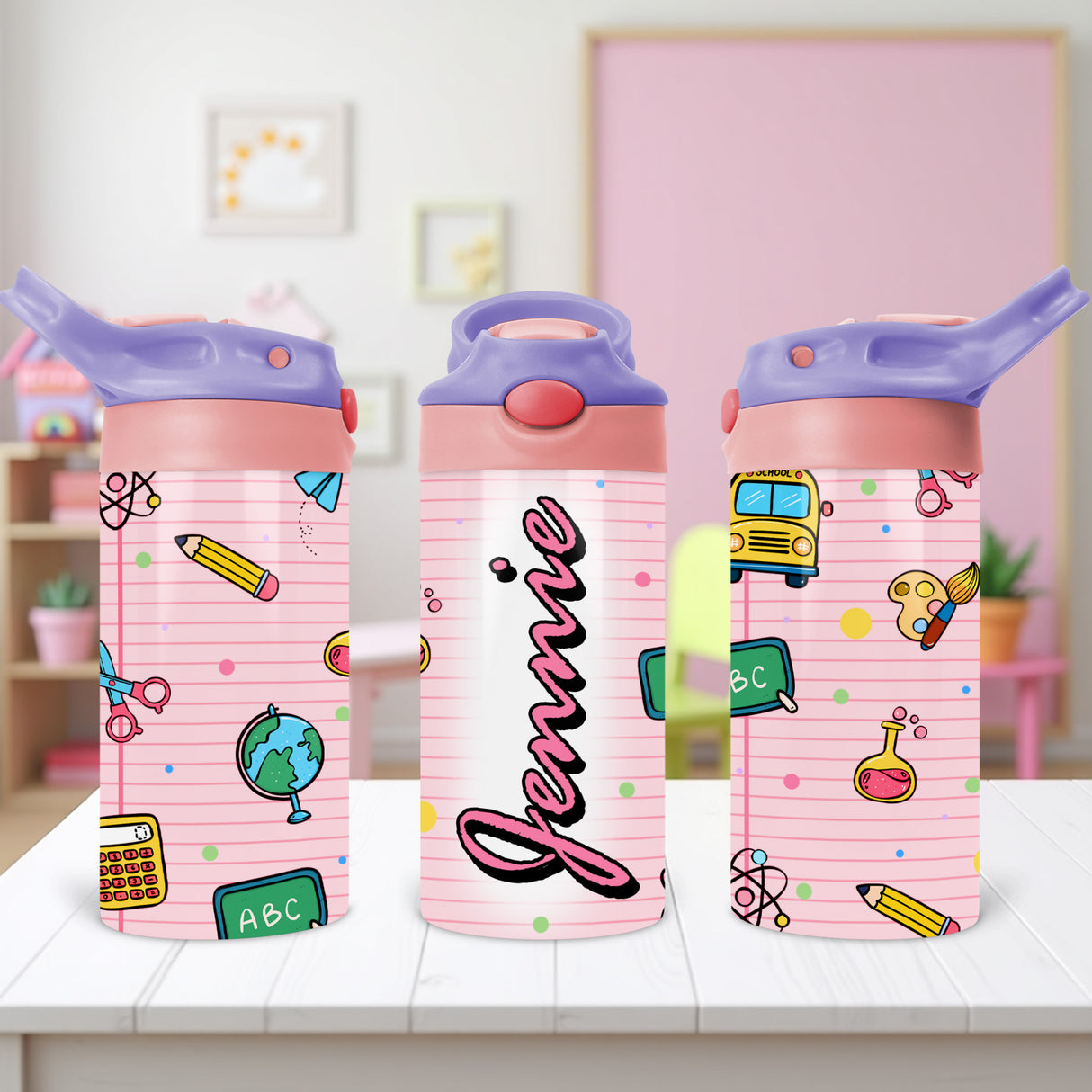 Back to school personalized water bottle for boys and girls with custom name for easy identification at school.