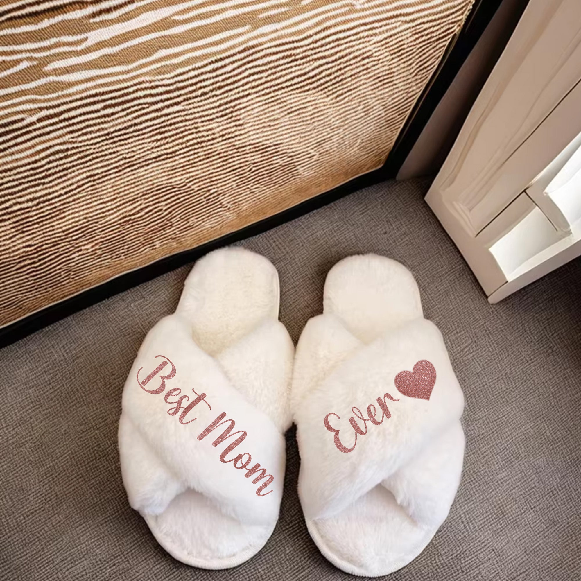 Best Mom Ever Fluffy Slippers Criss Cross Slippers for Her Mother’s Day Gift.