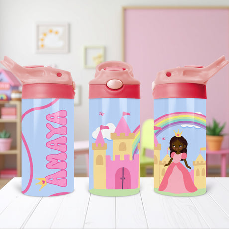 Personalized princess water bottle with name featuring a flip top lid, perfect for school, daycare, or custom back to school gifts.