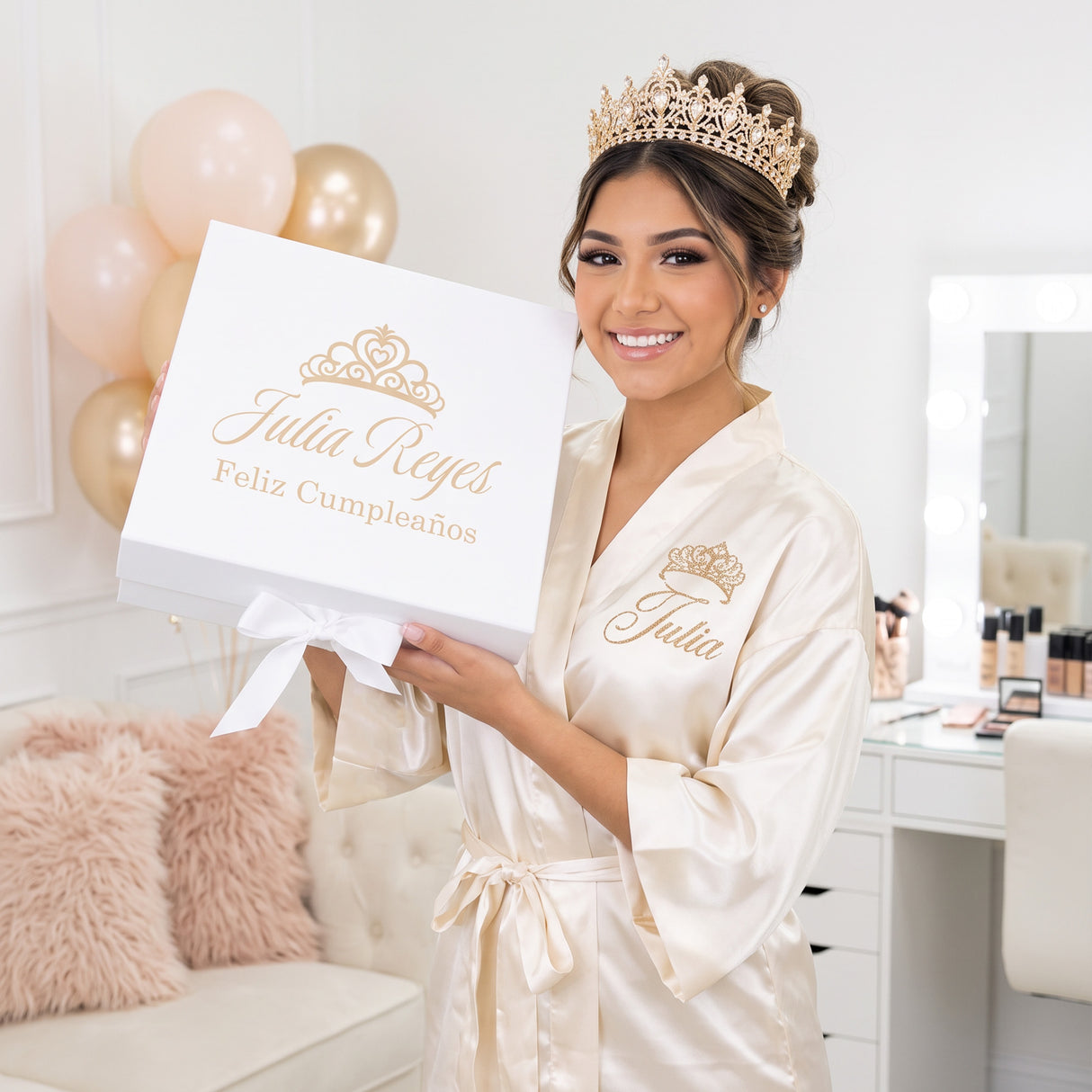 White and Gold Quinceanera Gift Box w Rhinestone Cup and Jewely Box