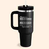 This black 40oz custom college tumbler with handle is perfect for college student gifts and alumni gifts ideas. Personalize the tumbler with name, school name, mascot and graduation year.