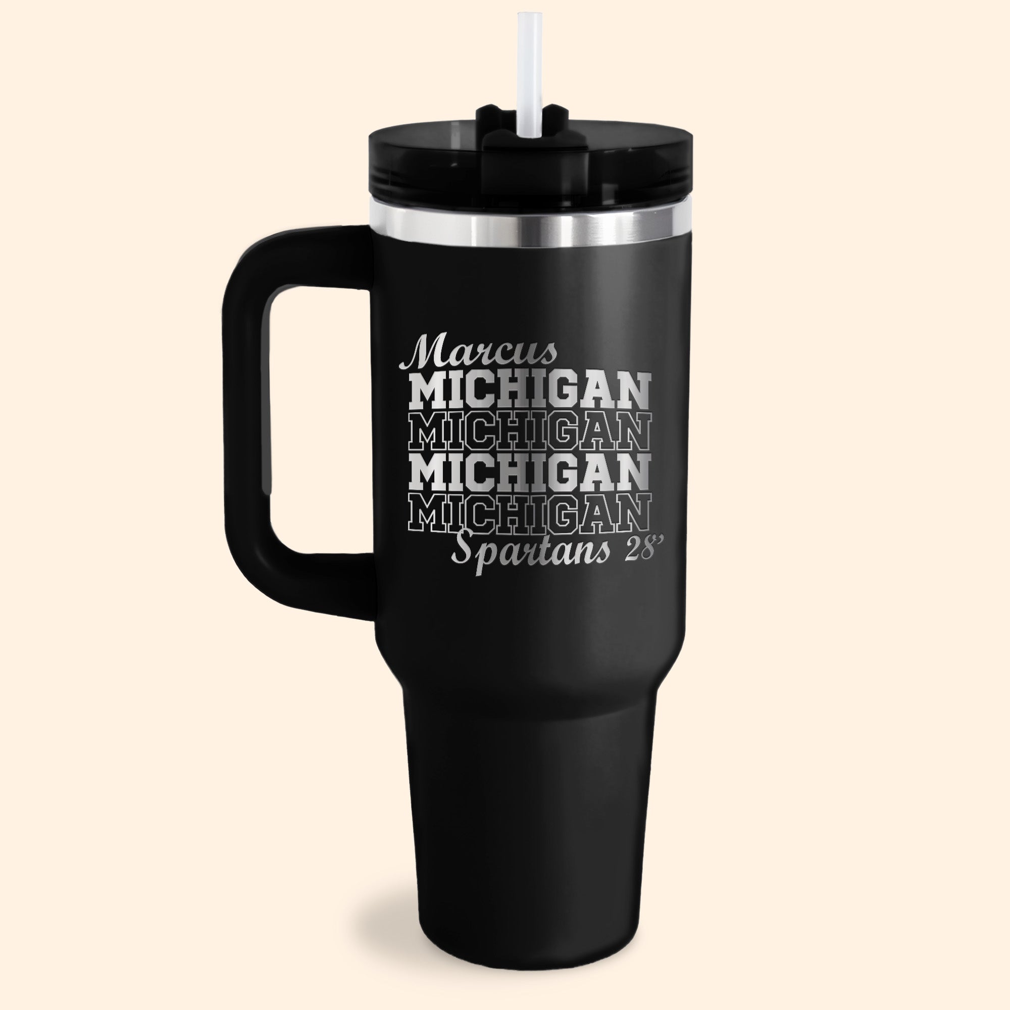This black 40oz custom college tumbler with handle is perfect for college student gifts and alumni gifts ideas. Personalize the tumbler with name, school name, mascot and graduation year.