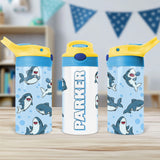 Kids custom water bottle with bold shark print, ideal for personalized back to school gifts.