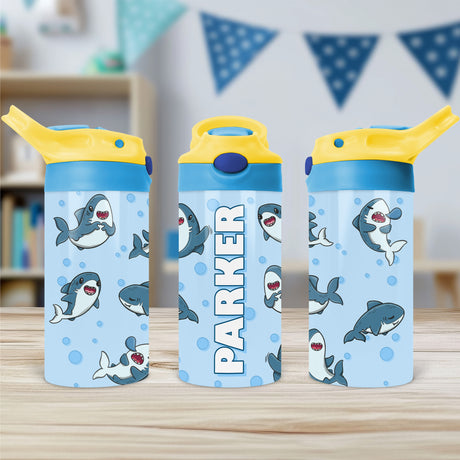 Kids custom water bottle with bold shark print, ideal for personalized back to school gifts.