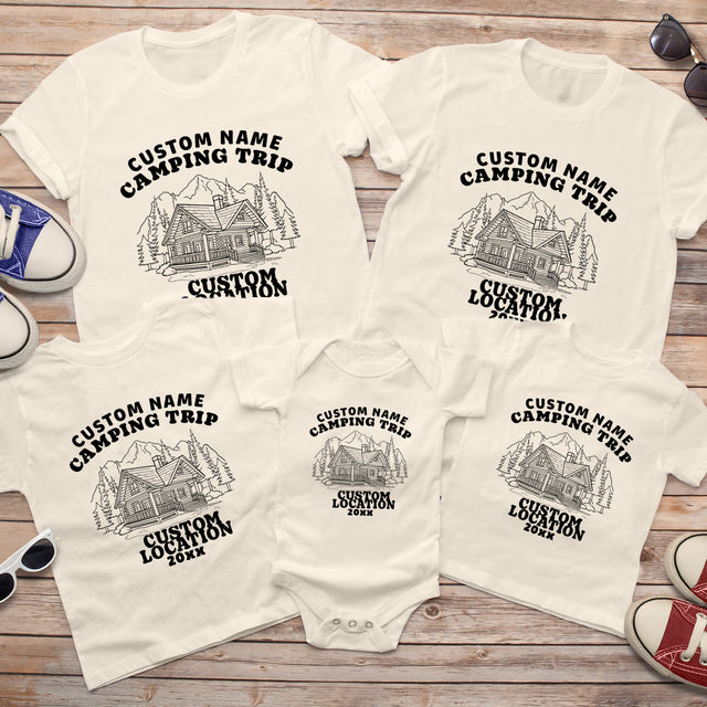 Matching personalized cabin family shirts for vacations are designed for camping trips, nature getaways, and family group photos.

