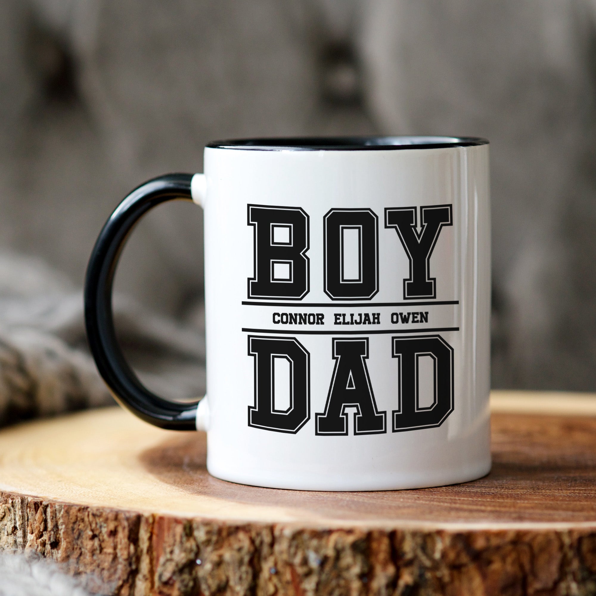 Personalized dad mug with boys names, ideal for Father’s Day or birthday gifts, designed to be a lasting keepsake for any proud dad.