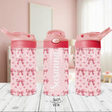 Custom pink water bottle for little girls with cute bows. The perfect personalized back to school gift for kids. 