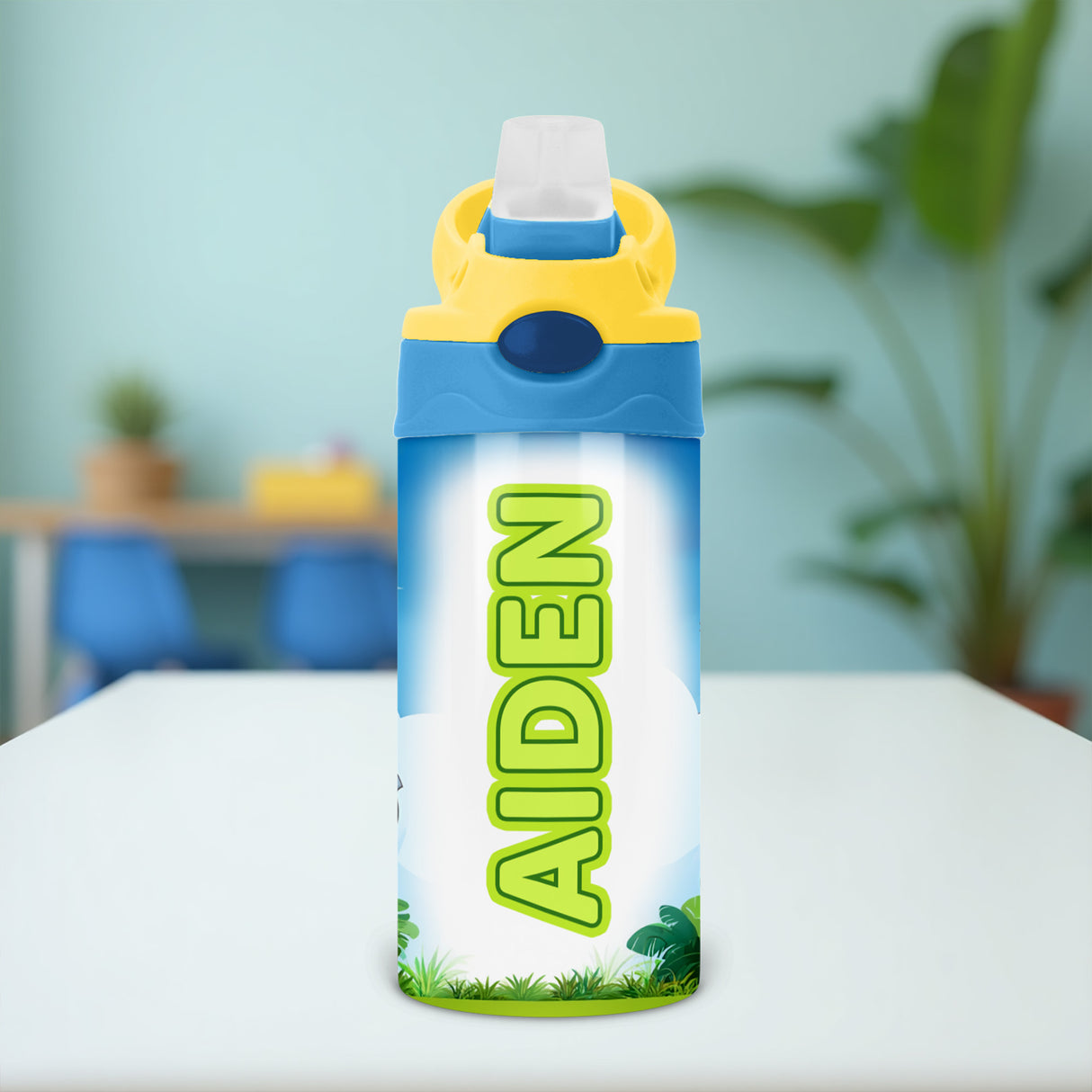 Custom Safari Water Bottle for Kids with Name featuring jungle animals ideal for preschool backpacks and back to school gifts.