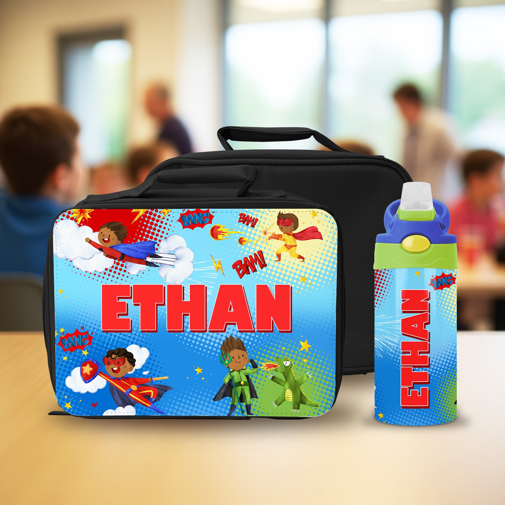 Personalized superhero lunch box and water bottle set for kids, ideal for back to school gifts and custom school supplies.