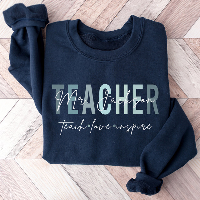 Custom crewneck sweatshirt with teacher’s last name, personalized gift for male teachers.
