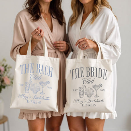 Custom bachelorette beach tote bag with personalized bridesmaid name. Personalized bridesmaid tote bags for beach bachelorette party favors.