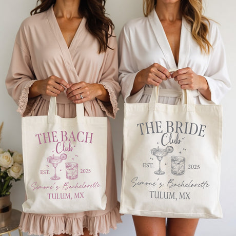 Custom bridesmaid tote bag with name and title, ideal for bachelorette party favors and bridal shower gifts.