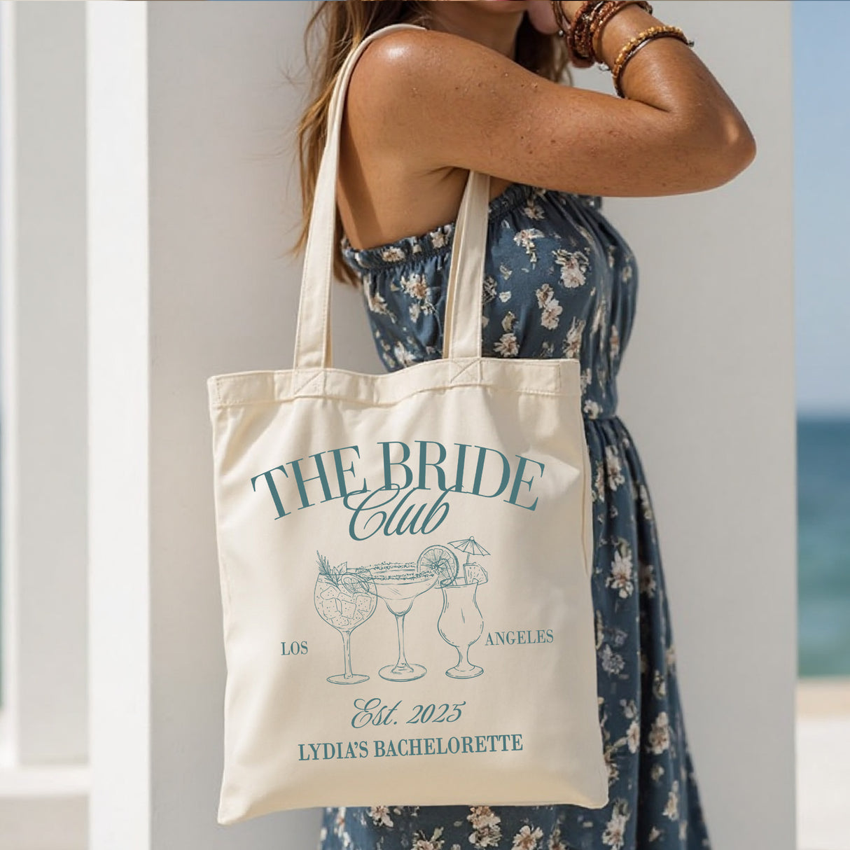 Personalized bride and bridesmaid tote bags with names, perfect for bachelorette party and bridal shower gifts.