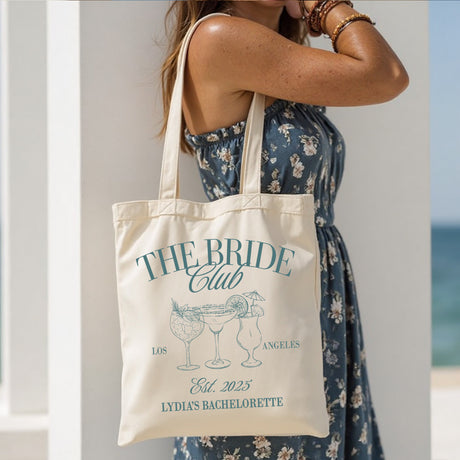Personalized bride and bridesmaid tote bags with names, perfect for bachelorette party and bridal shower gifts.