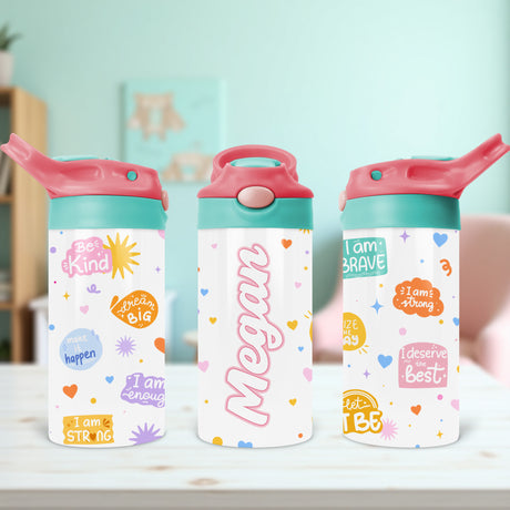 Personalized tumbler for girls with name includes motivational phrases for school confidence.