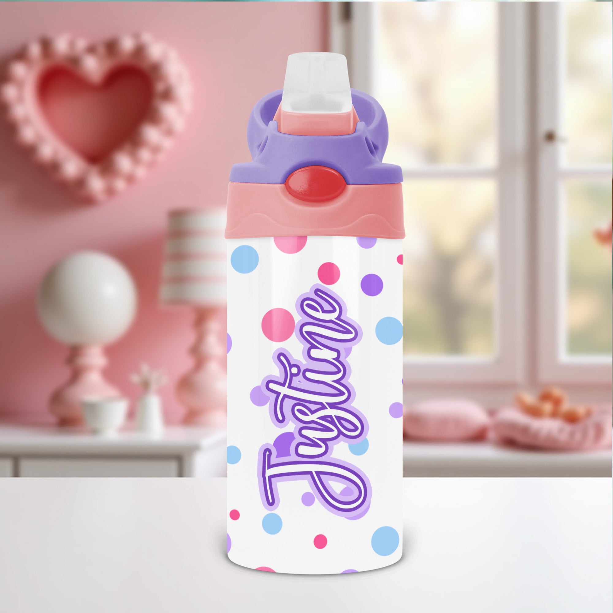 Personalized polka dot tumbler with name makes a colorful and fun back to school gift for kids.
