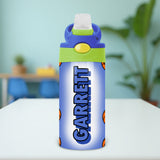 Personalized basketball water bottle for kids with custom name and orange sports design, perfect for school or team practice hydration.