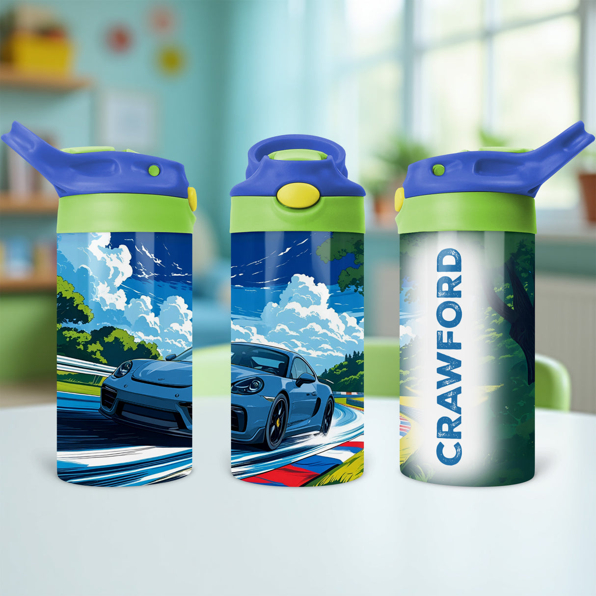 Personalized Race Car Water Bottle for Kids with custom name, perfect for school lunches, backpacks, and first day of school gifts.