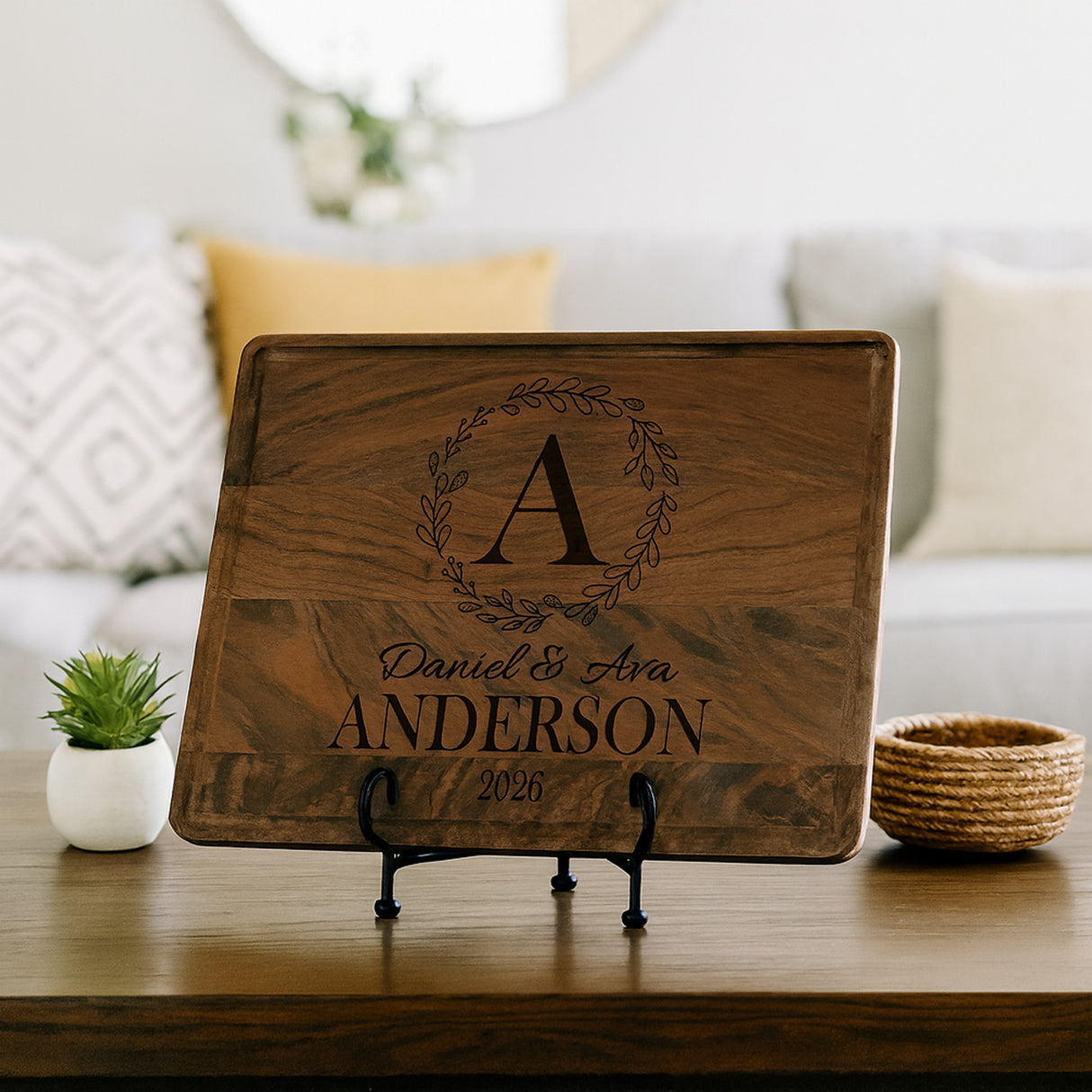 Walnut wood personalized cutting board gift for couples. Easy wedding gifts, and anniversary presents. 