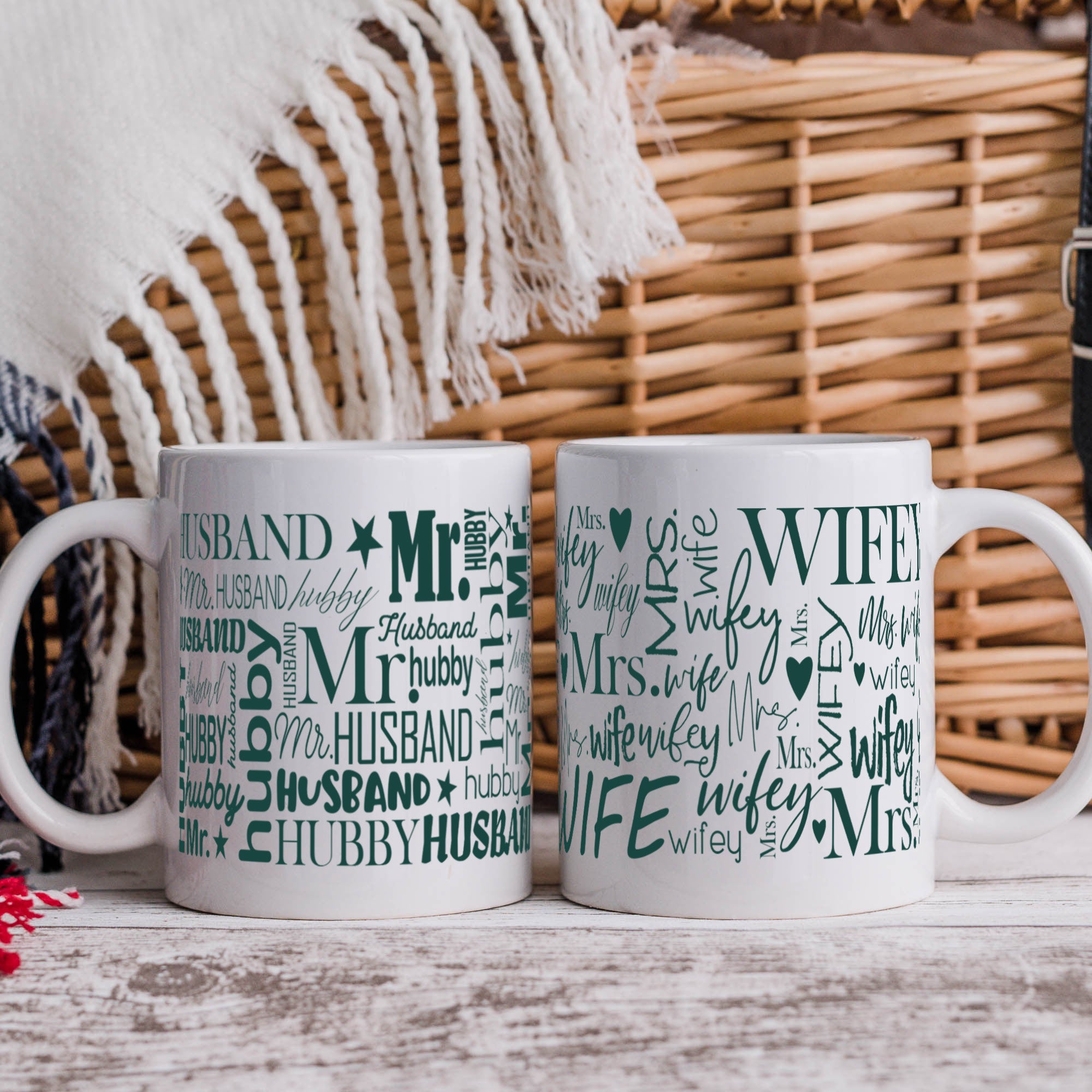 Wifey and Hubby coffee mug set, personalized ceramic mugs for couples.