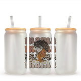 A frosted Afro Mama glass tumbler with lid and straw that is a great gift for Afrocentric motherhood.