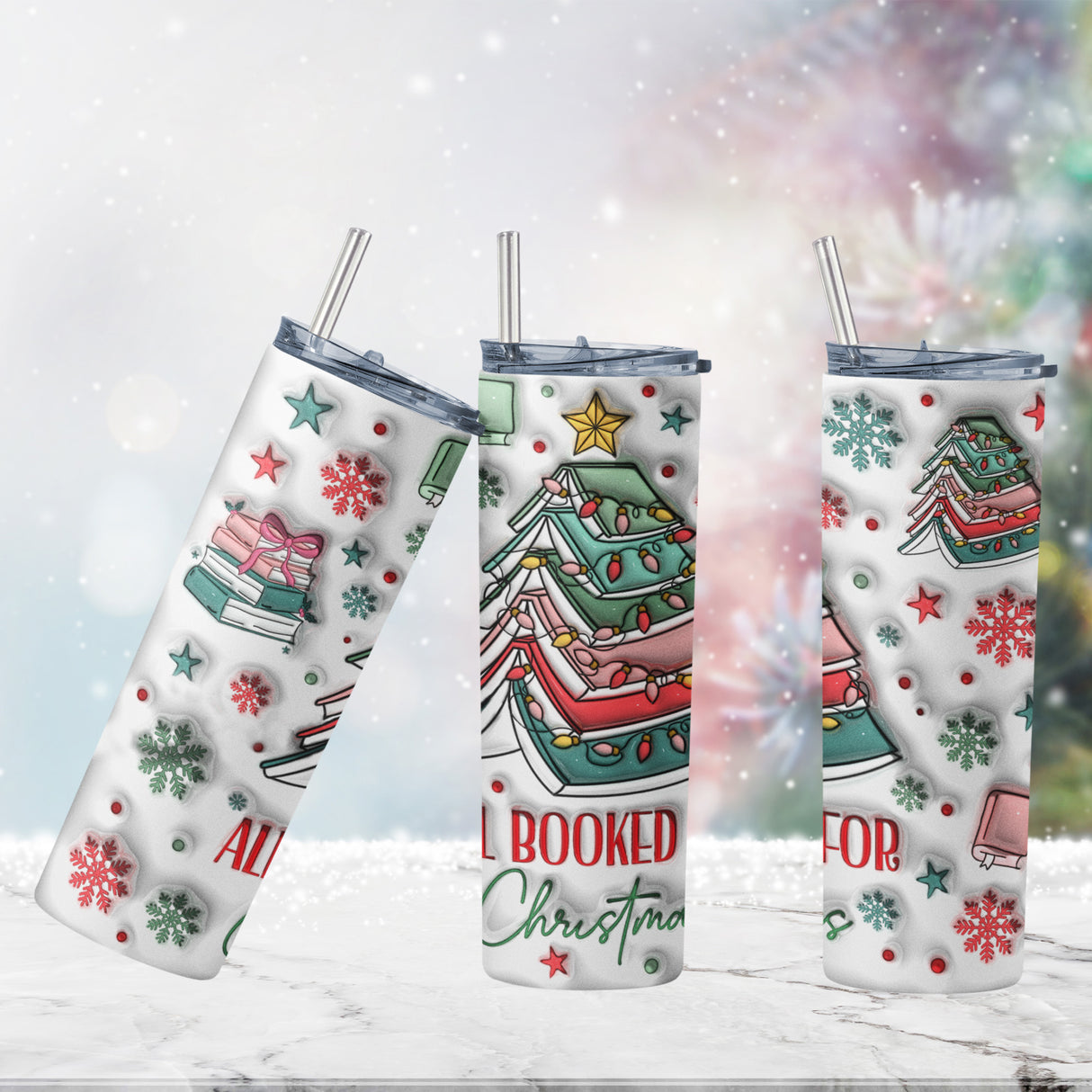 Cute 20oz All Booked For Christmas Tumbler with Inflated 3D Design, Holiday Tumblers for Hot and Cold Drinks - Straw and Lid Included