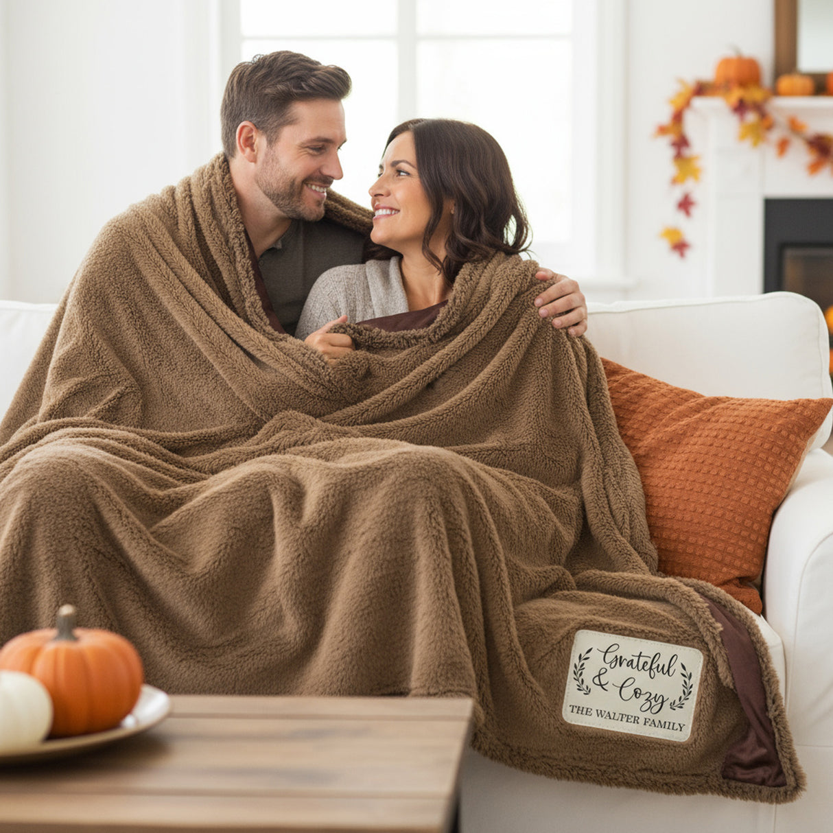 Grateful and Cozy Personalized Throw Blanket with leather Patch, Fall Decoration