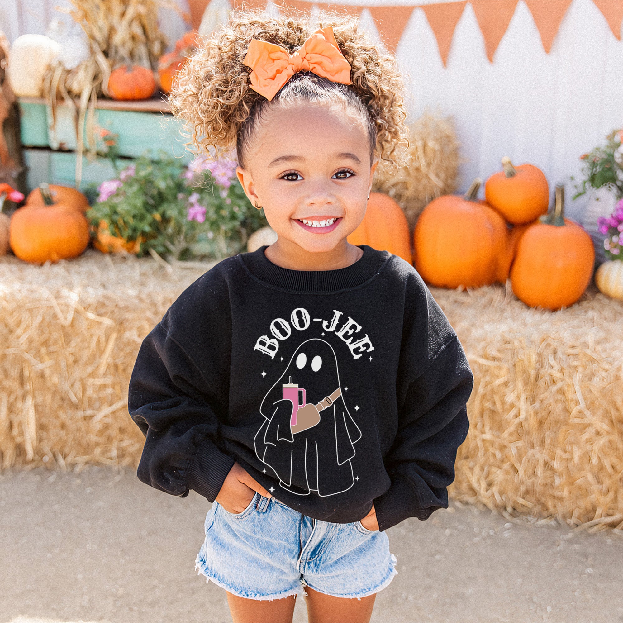 BooJee Ghost w Tumbler Halloween Sweatshirt for Women and Kids