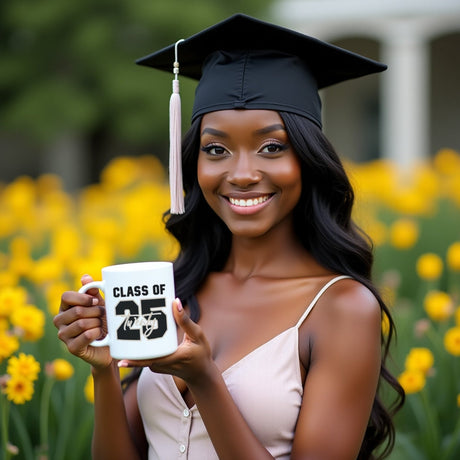Graduation photo ideas. Girl holding mug with class of 2025 design. Happy girl with mug for graduation gift. 