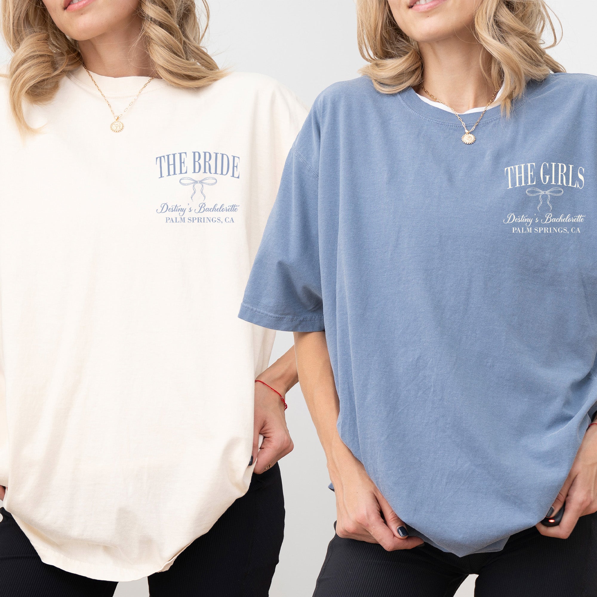 Custom Comfort Colors bachelorette shirt for bride squad, personalized with names, year, and location, featuring a stylish coquette bow.