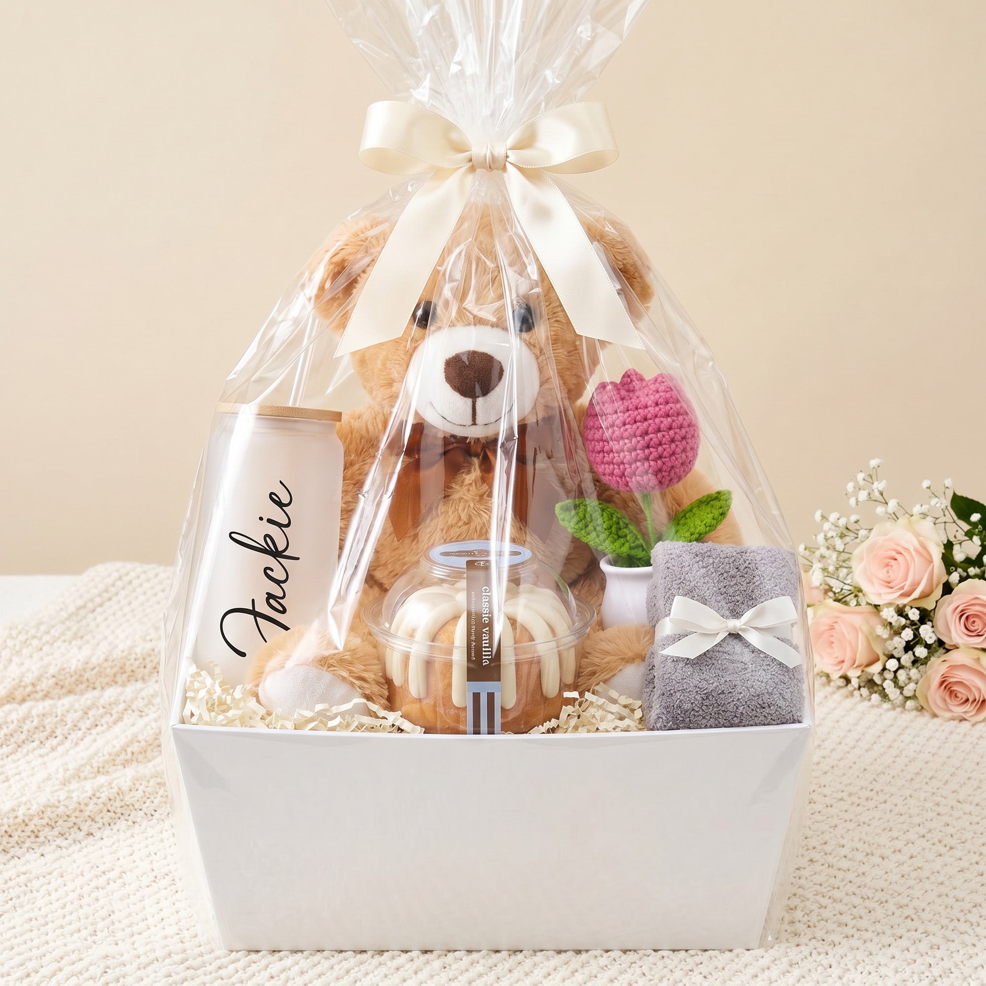 Cozy Cake Break Mom Gift Basket with Bundt Cake, Teddy Bear & Glass Tumbler