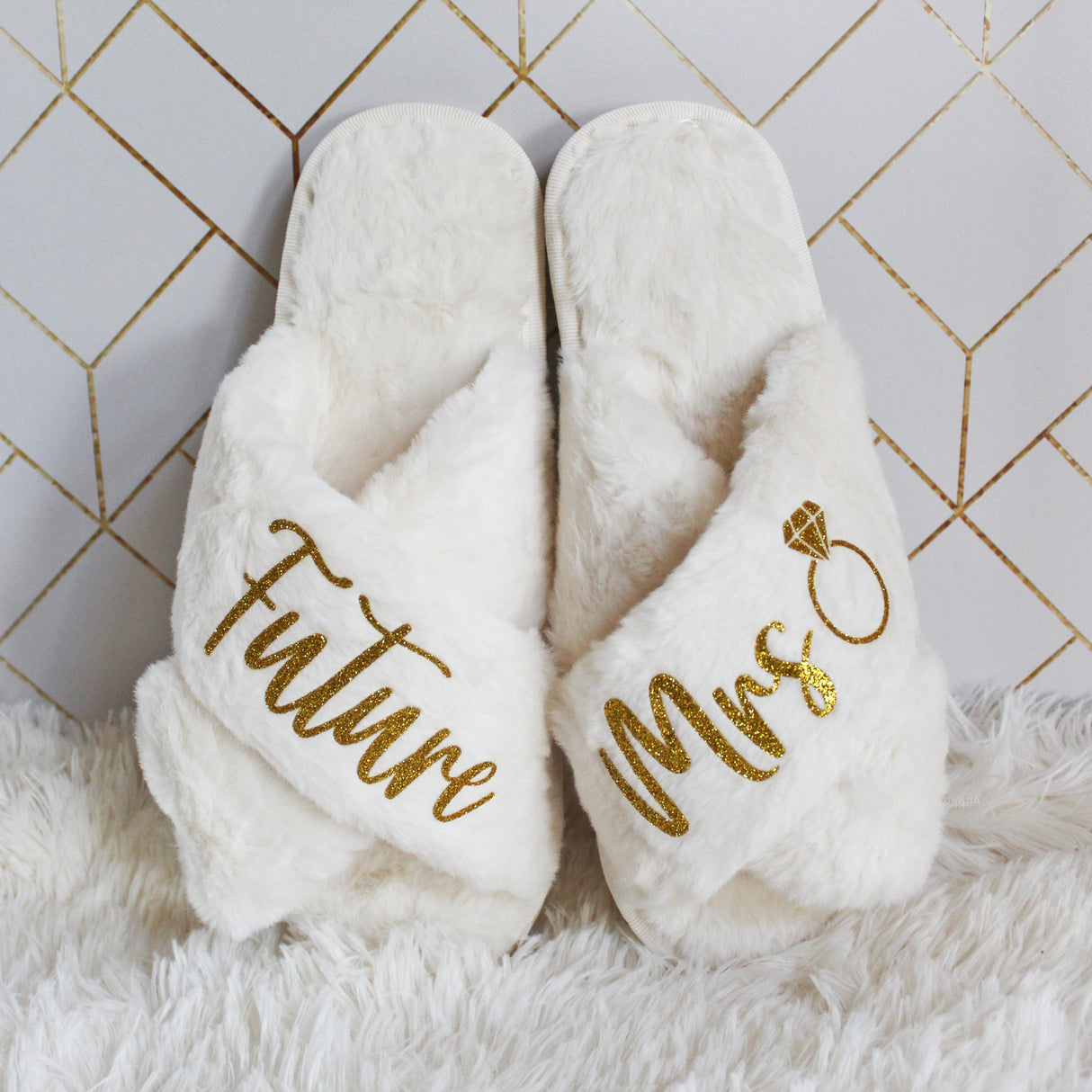 Fluffy Future Mrs slippers, ideal for bridal shower gift boxes or engagement gifts. Personalized Future Mrs slippers for bride-to-be, a gift for newly engaged women.