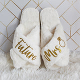 Fluffy Future Mrs slippers, ideal for bridal shower gift boxes or engagement gifts. Personalized Future Mrs slippers for bride-to-be, a gift for newly engaged women.
