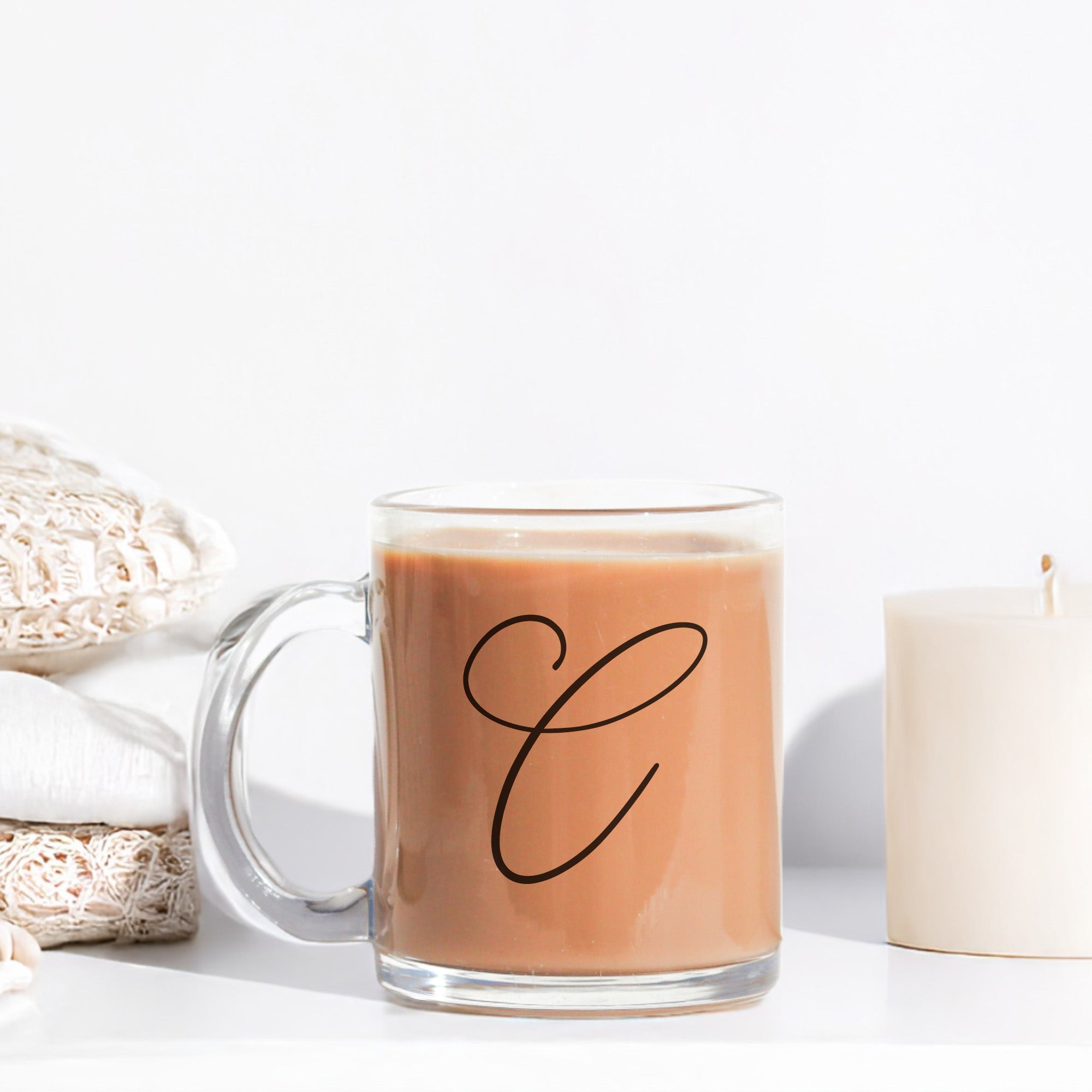 Clear personalized monogram coffee cup, custom glass mug gift for women. Minimalist glass mug with initial.