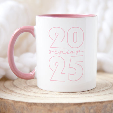Pink Minimalist graduation mug for Class of 2025 seniors, simple coffee cup gift for him or her, modern graduation gift idea.